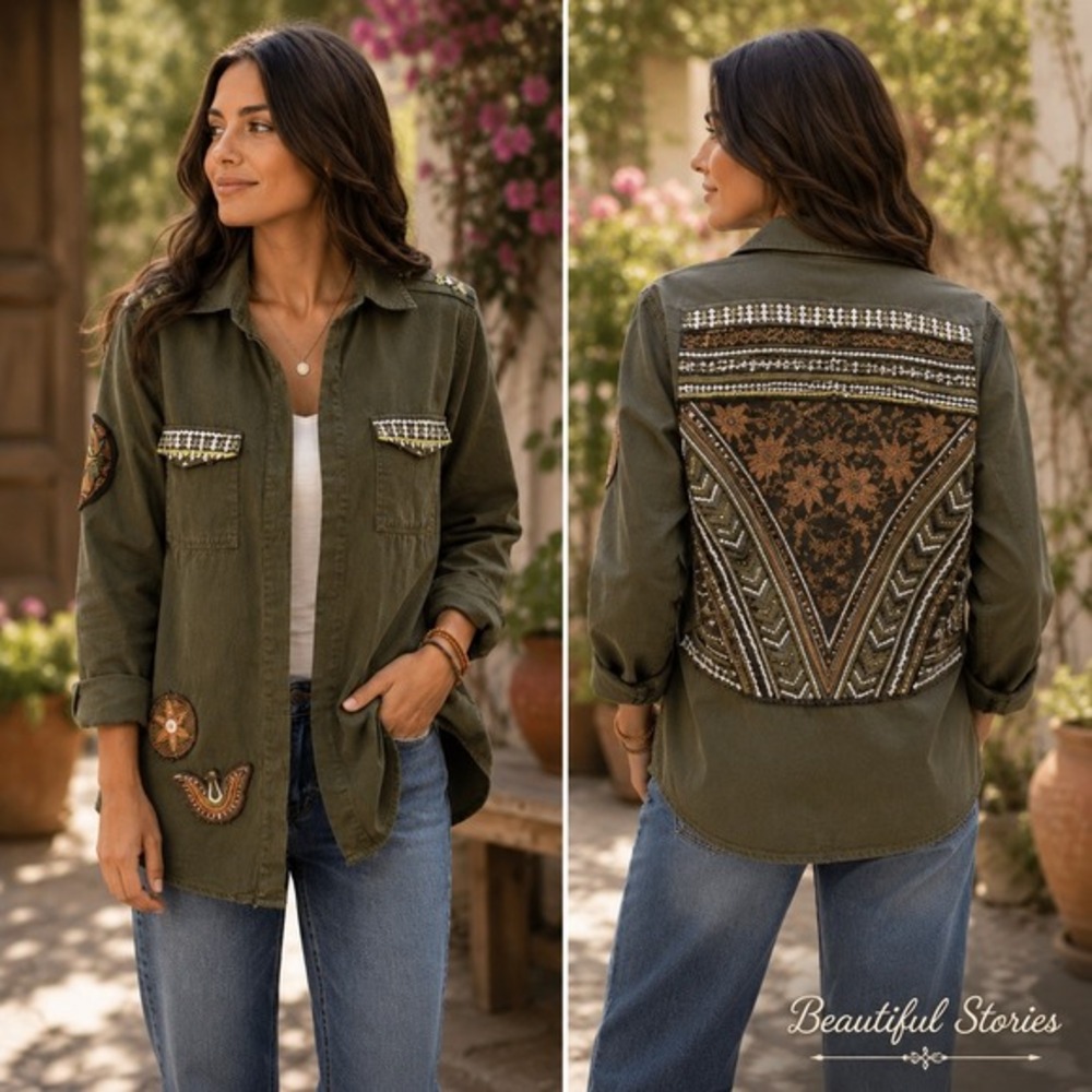 Beautiful Stories Jacket Women Large Olive Green Cotton Boho Embroidered Western